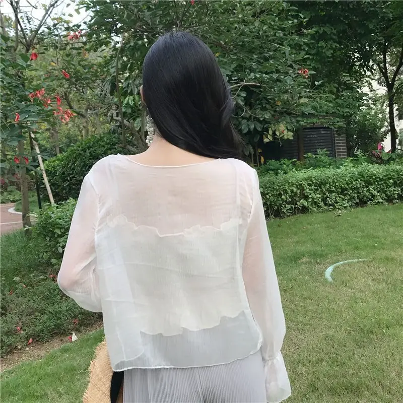 2024 Summer Cardigan Women Long-sleeved Solid Color Flare Sleeve Korean Style Office Lady Versatile Casual Chiffon Blouse Female