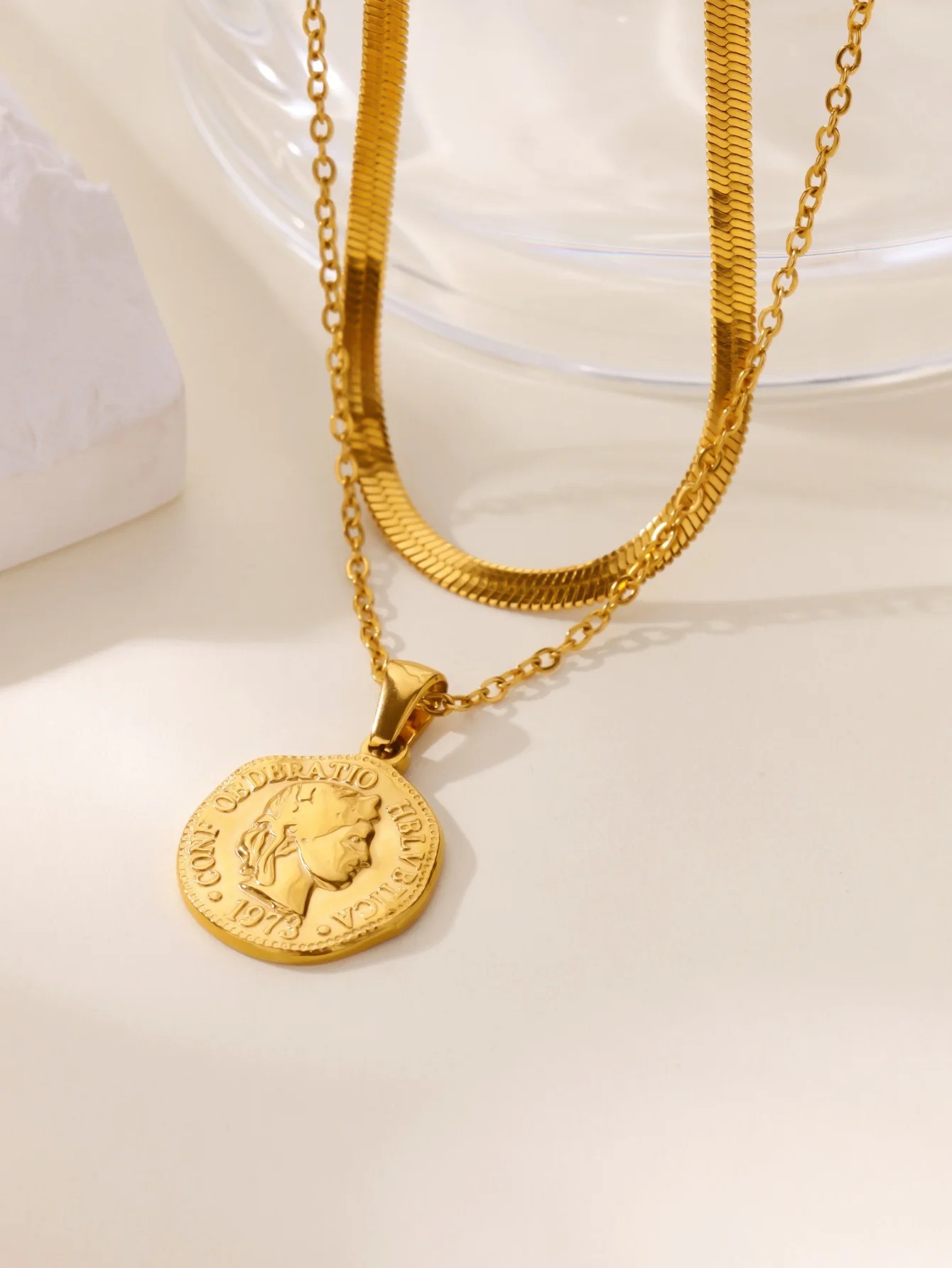 

Stainless Steel Vintage Coin Pendant Necklaces For Women Gold Color Snake Chain Double Layer Hypoallergenic Wedding Jewelry Gift