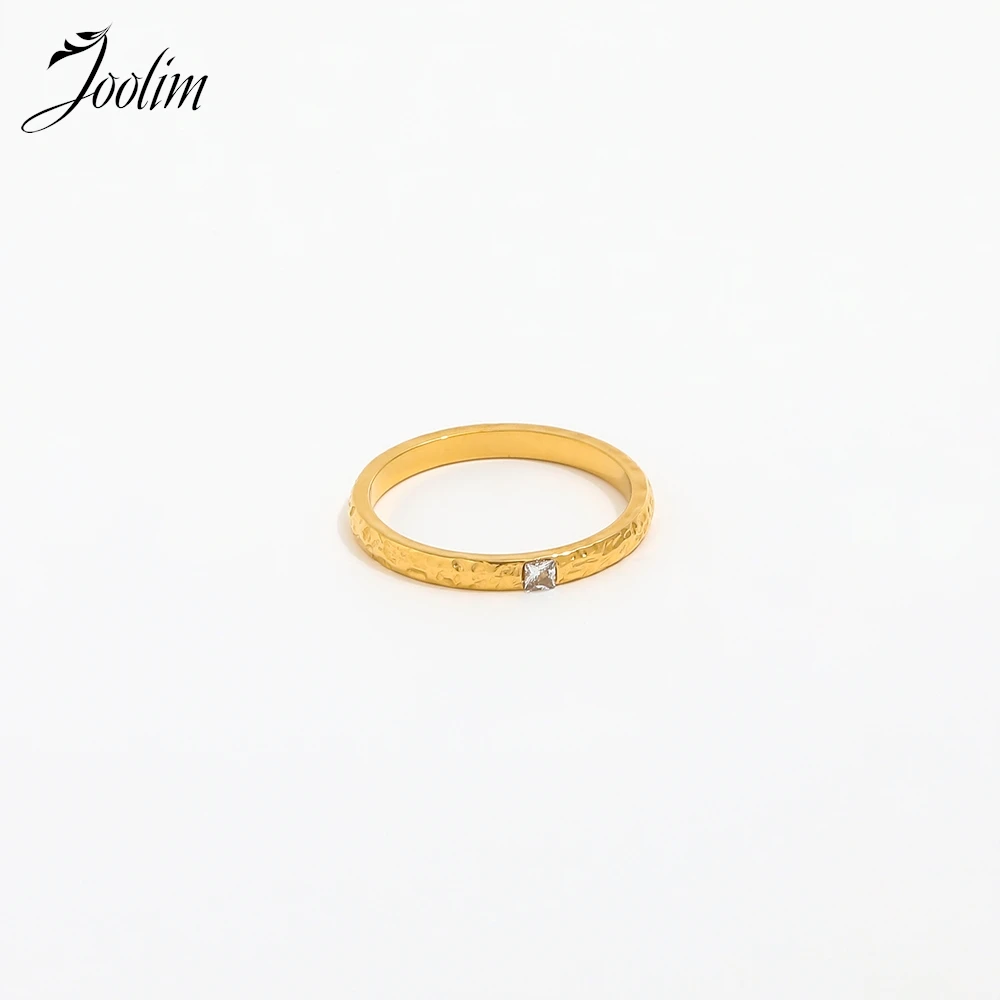 Joolim High End PVD Tarnnish Free Fashion Dainty Hammer Grained Square Zircon Ring for Women Stainless Steel Jewelry Wholesale