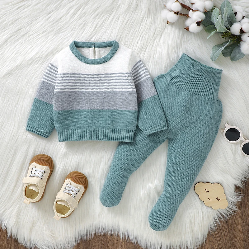 Newborn Baby Clothes Set Knitted Fashion Striped Infant Long Sleeve Sweater +Pants 2PC Toddler Kid Pullover +Pantyhose 0-9M Warm