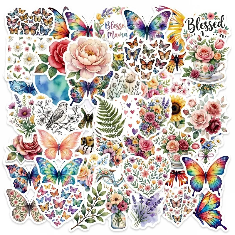 50 autocollants imperméables papillon et fleur, style littéraire frais et simple, pour décoration DIY de téléphone portable, ordinateur et gobelet