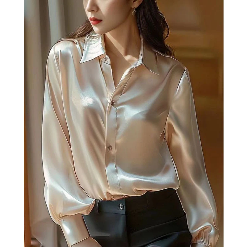 Women Spring Simplicity Office Lady Solid Color Turn-down Collar Long Sleeve Shirts Women Clothes Casual All-match Elegant Tops