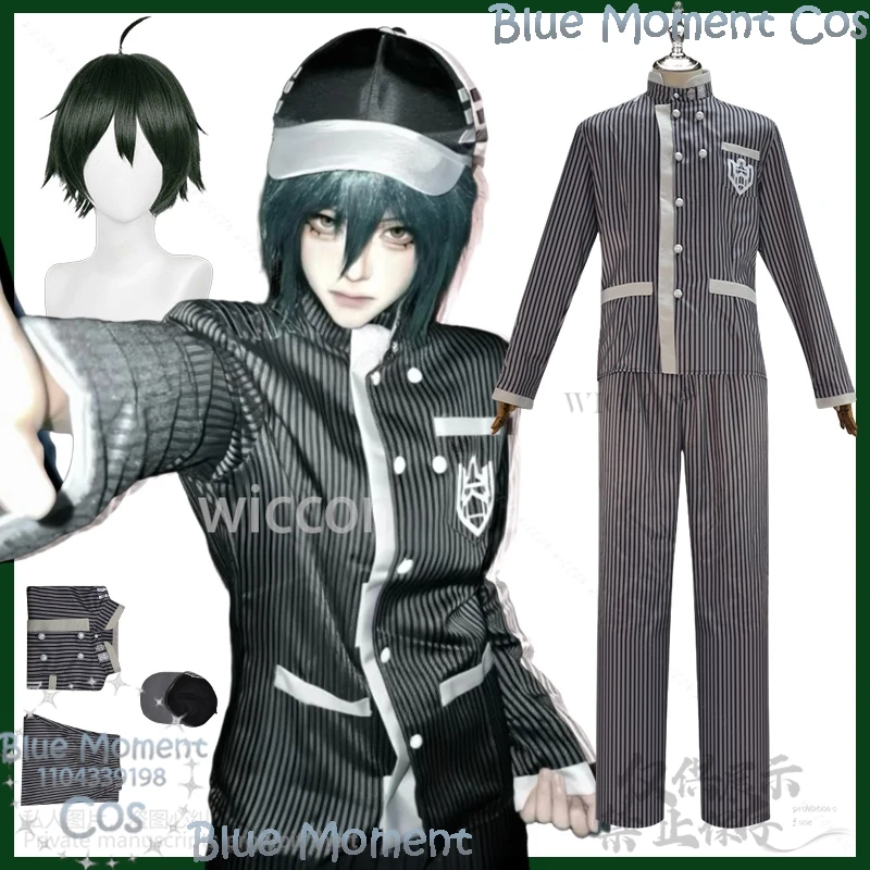

Saihara Shuichi Cosplay Game Danganronaaa Detective Stripe Uniform Hat Dark Green Wig Halloween Cos Party Girls Comic Con Outfit