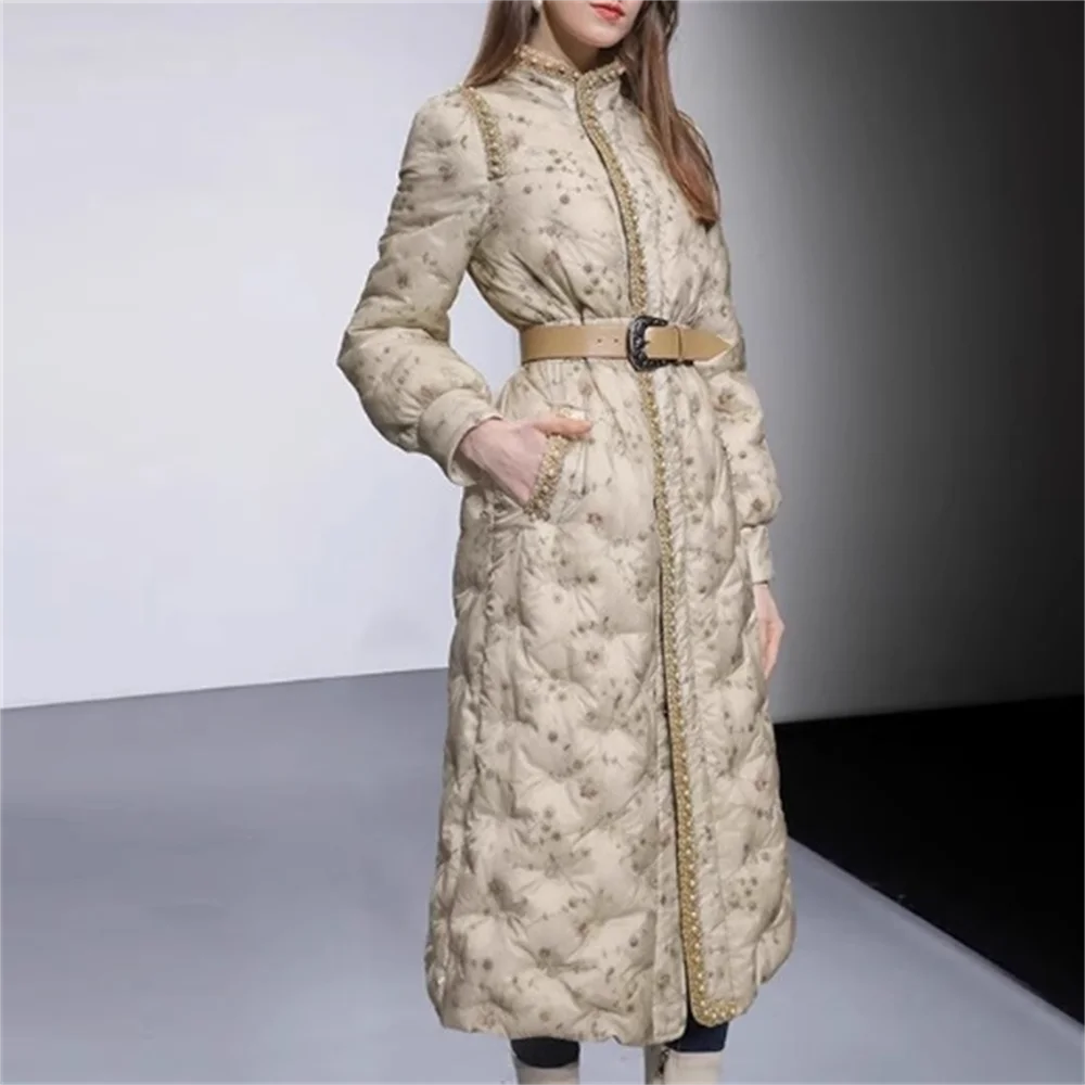 

Winter new elegant pearl ribbon long embroidered lace 90 white duck down jacket