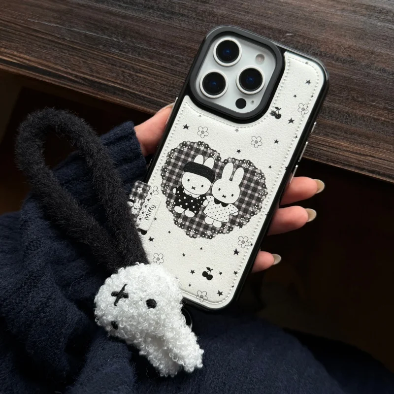 

Cute Miffy grid Polka Dots leather Rabbit Phone Case For iPhone 17 13 14 15 16Pro Max Lovely white Miffy Furry Wrist Strap﻿﻿﻿