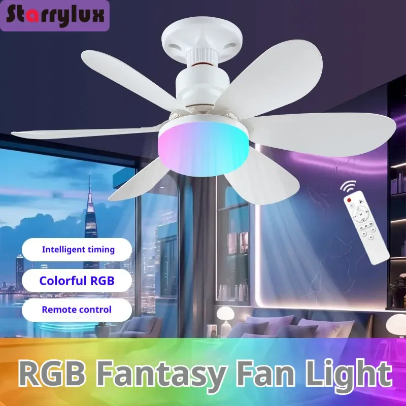 RGB Ceiling Fan Light with Remote, E27 Bulb Holder, 16 Colors LED Chandelier for Living Room,Free Mounting Hardware Included