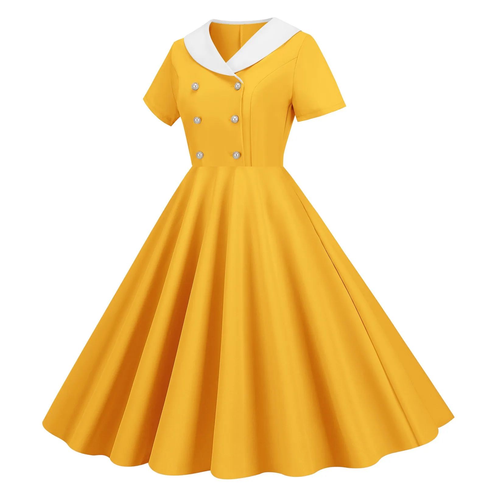 Womens Retro 50s 60s Rockabilly Party Dress Vintage Button Pleated Swing Dress Casual Office Lady Cocktail Evening Party Dress