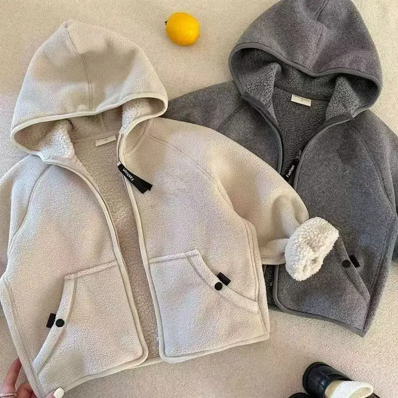 Boys Girls Warm One Piece Fleece Hooded Coat Casual OuterwearTrendy Velvet Liner Kids Hoodie Sweatshirt For