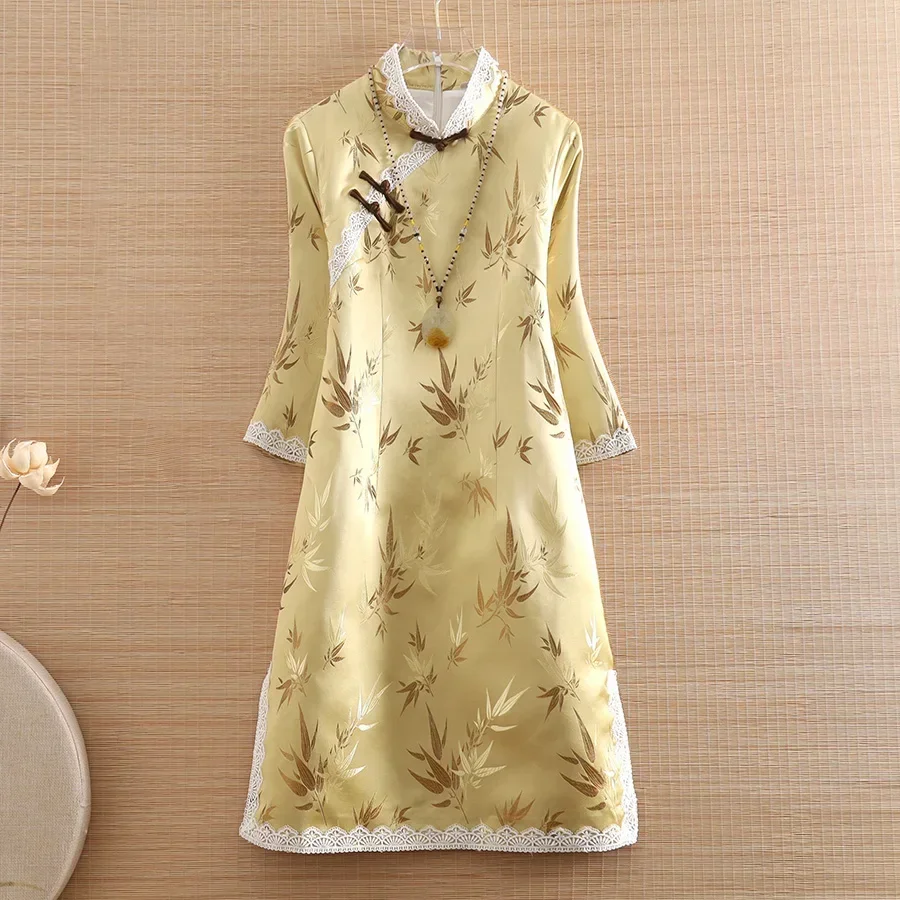 

Chinese Style Jacquard Lace Royal Dress High-end Autumn Women Vintage Ethnic Cheongsam Elegant Lady Party Qipao Dress S-XXL