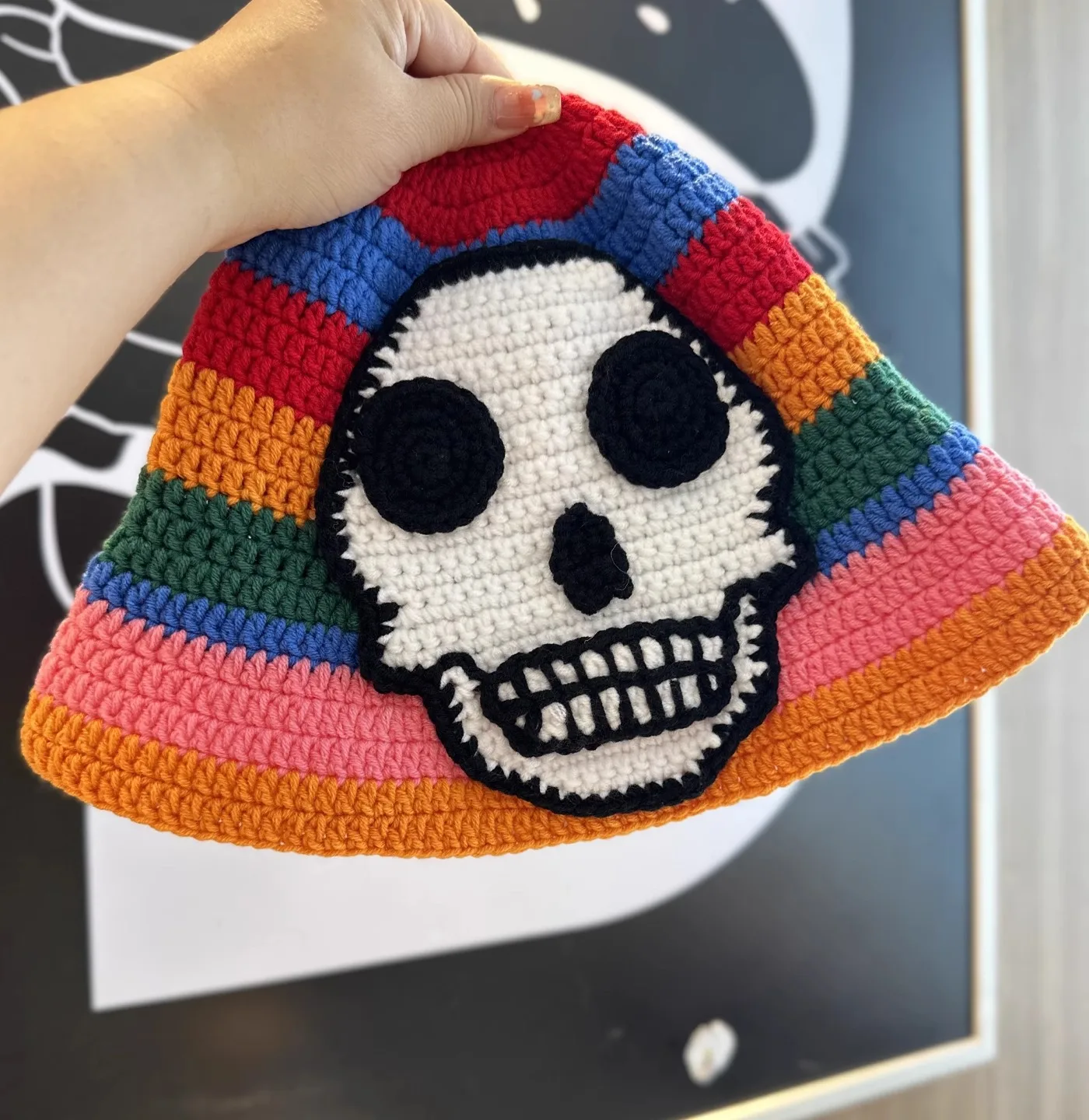 Skelett Stickerei Fischer Hut Winter handgemachte häkeln gestrickt Unisex Hip Hop Eimer Hut runde Becken Hut Halloween kalte Kappe – Detail 4