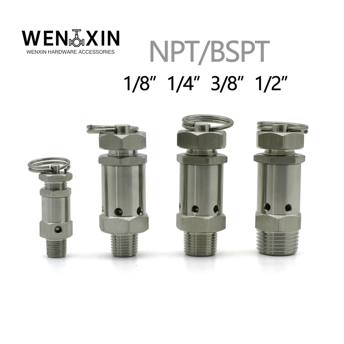 Válvula de Segurança Sanitária Mini com Mola em Aço Inoxidável 304, Rosca Macho BSPT NPT 1/8'' 1/4'' - 1/2'', 1-10 Bar, para Exaustão de Compressores de Ar