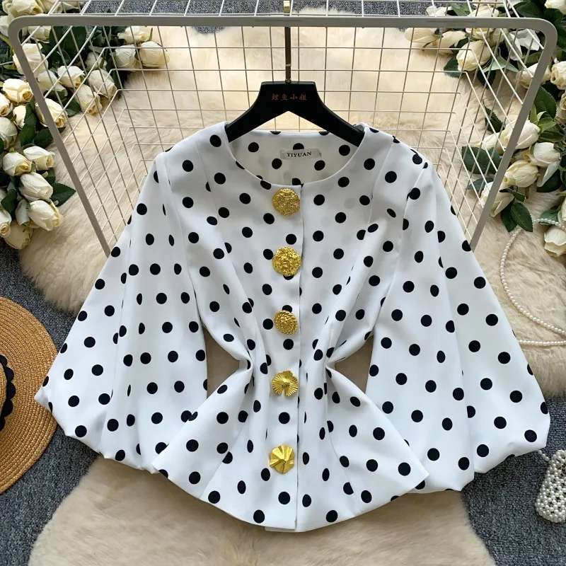 Fall Elegant Women Polka Dot Blouse, Round Neck Lantern Sleeve Shirt, Vintage French Metal Button Loose Cropped Top