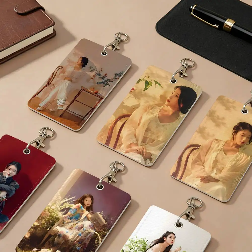 Korean Singer L-Lee J-Ji E-Eun I-IU PU Leather Card Holders Anti-lost Protective Cover Cases Campus Access Cards Key Chain