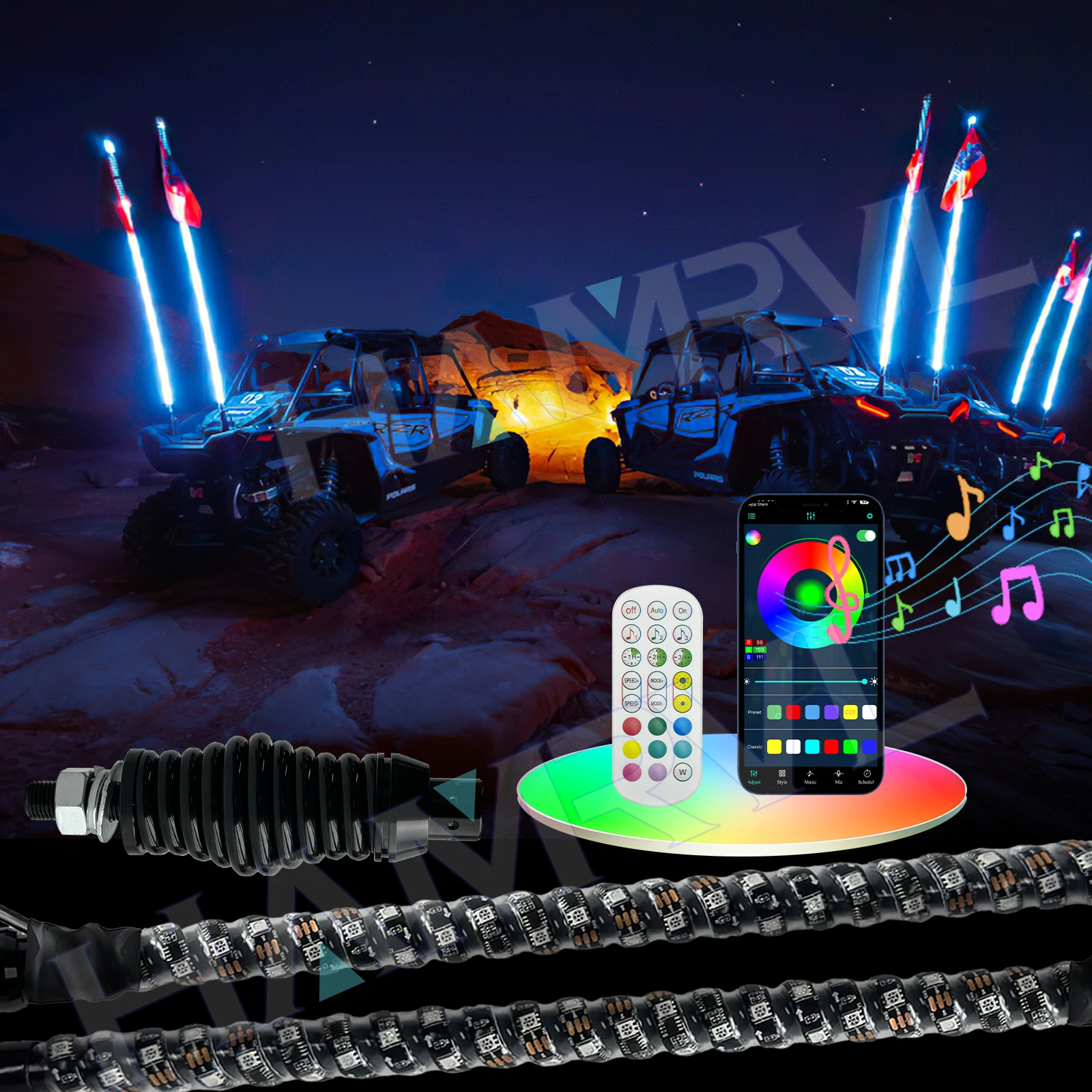

1/2 PCS 2/3/4FT LED Whip Lights RGB Waterproof Multi-Color Flagpole Lamp Bowlight for Offroad Sand Rails Buggies SxS ATV/UTV RZR
