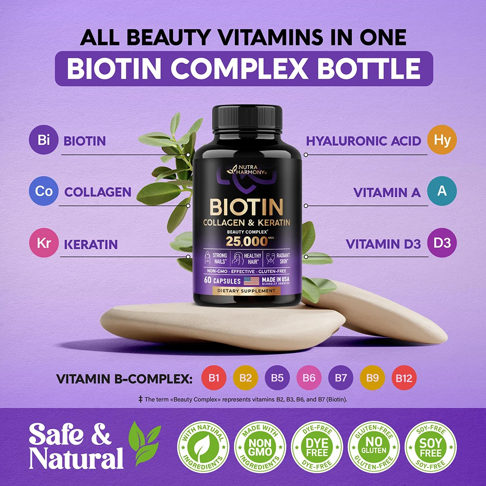 Biotin, Collagen, Keratin, Hyaluronic Acid - Hair Support Supplement, Skin & Nail Beauty Complex for Men and Women