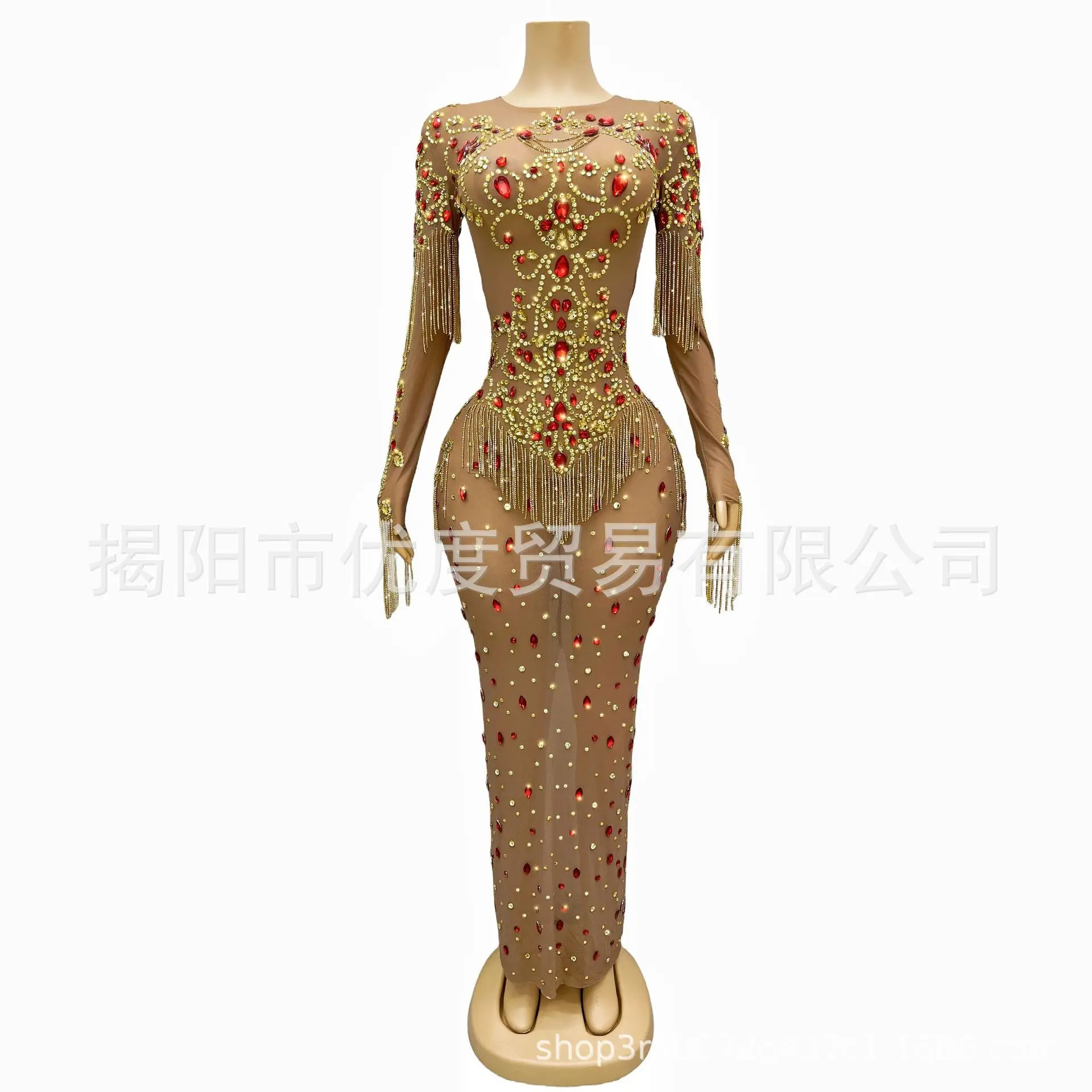 High-end Crystal Bright Rhinestone Diamond Chain Mesh Yarn Temperament Cocktail Party Red Carpet Evening Dress Performance Dress