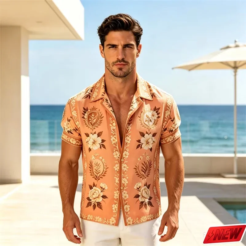 Vintage Flower Graphic Shirt Men Beach Vacation Summer Short Sleeve Top Hawaiian Street Popular Quick Dry Lapel Button Blouse