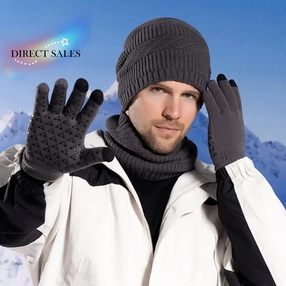 3 pièces mode couleur unie chapeau écharpe gants ensemble laine épaissir thermique tricot casquette polaire doublé cou protecteur hiver bonnet chapeau hiver