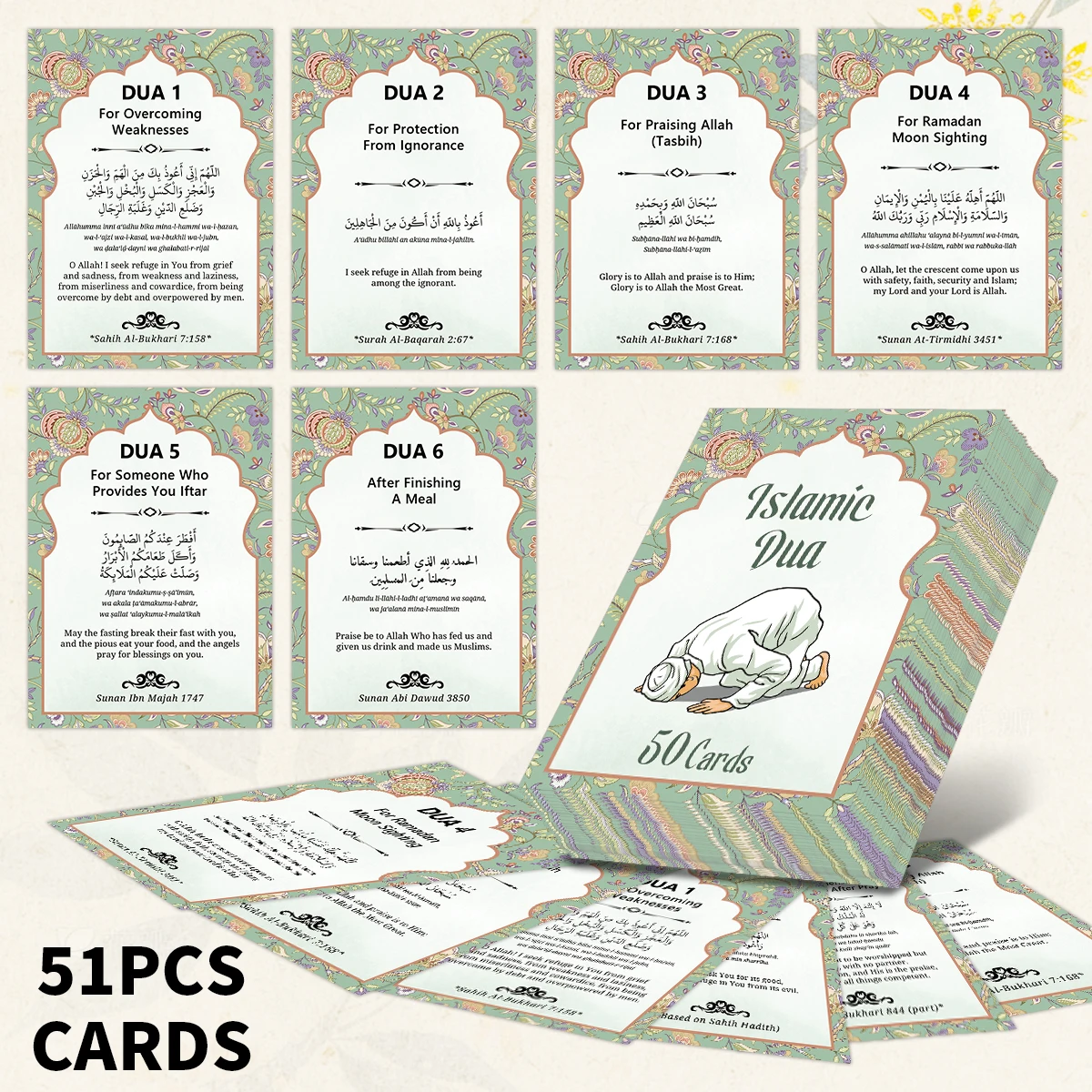 51pcs Islamic Dua Gift Cards For Prayers,Arabic Text And English Translation,Quranic Supplication Cards For Worship,Ramadan,Eid