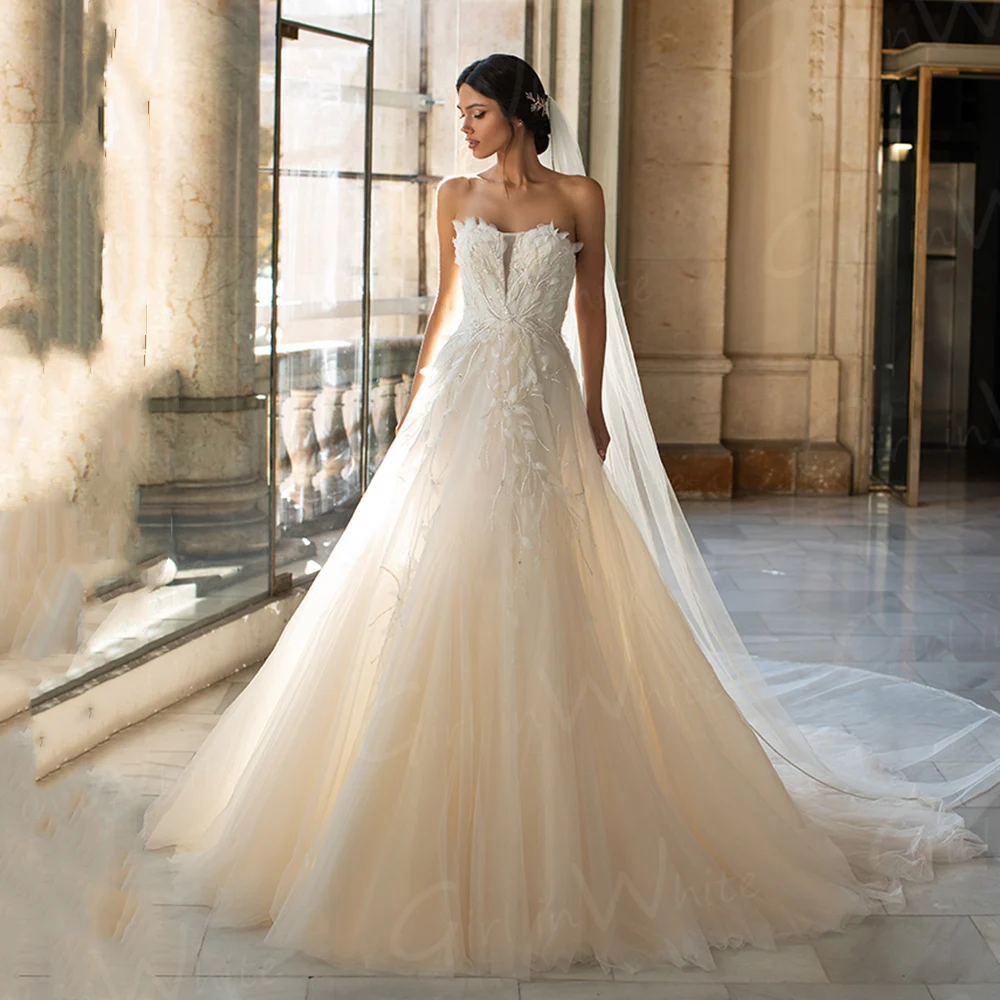 Vestido de noiva romântico com apliques de renda, linha a, sem alças, vestido de noiva personalizado, amor, robe de mariée