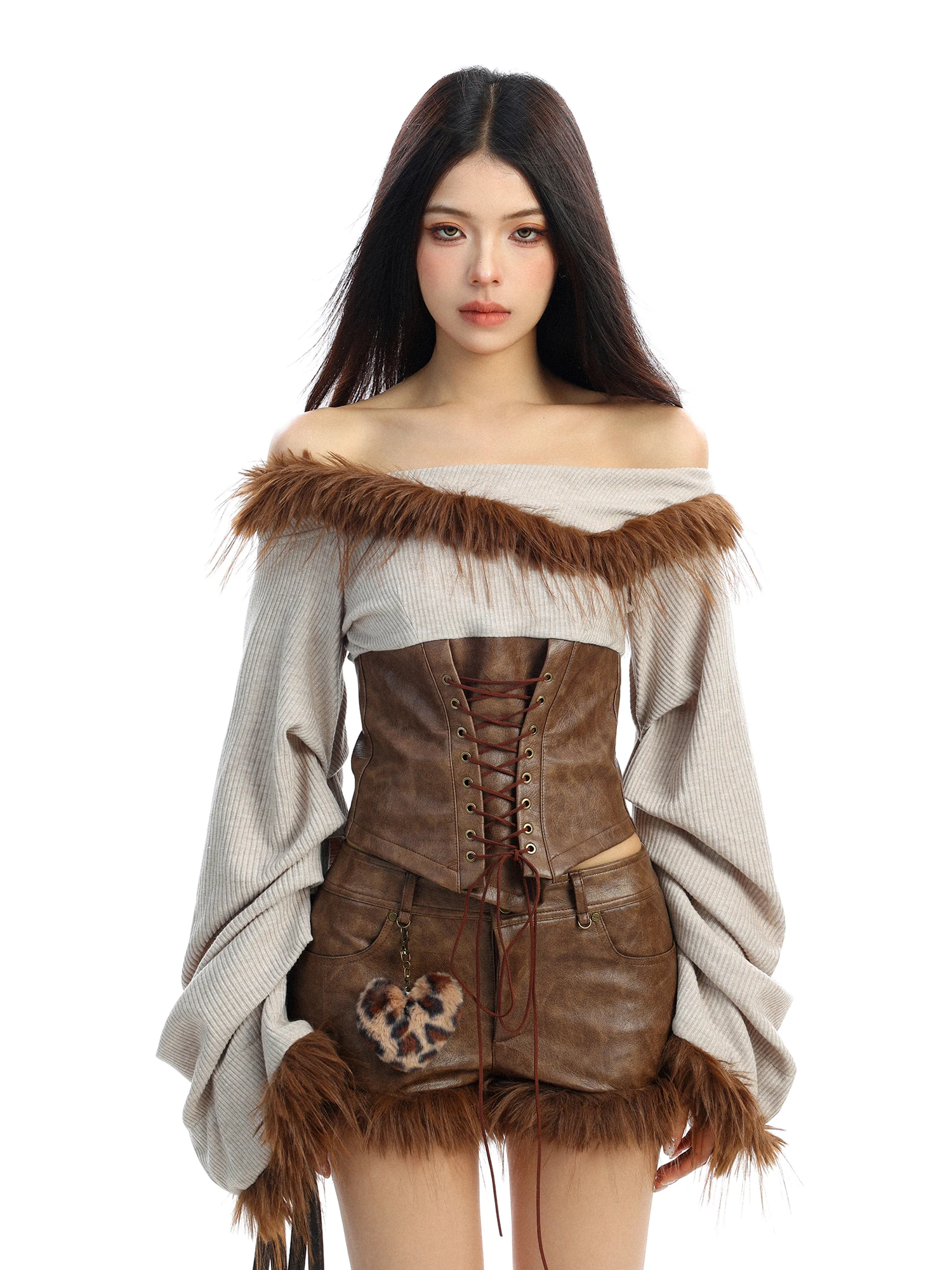 

Модный осенний комплект из двух предметов: футболка с длинным рукавом и укороченный топ из искусственной кожи с завышенной талией для женщин