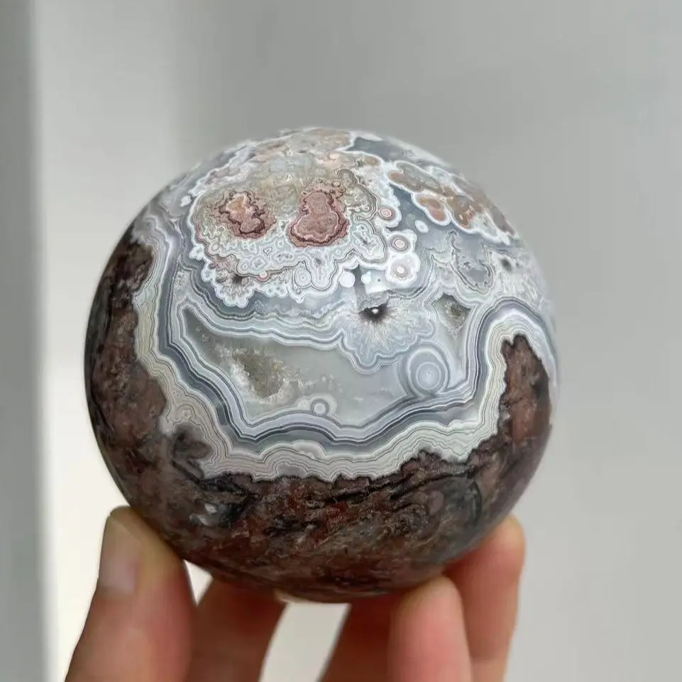 Natural Mexican Agate Quartz Crystal Sphere Stripe Ball Healing Gemston Home Decor+ wood bracket