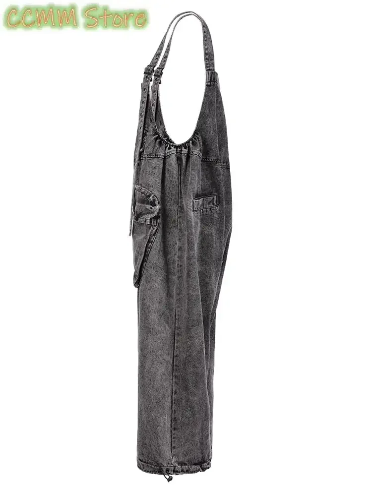 High Waist Blue Pocket Big Size Denim Overalls Trousers New Loose Fit Pants Women Fashion Tide Spring Autumn
