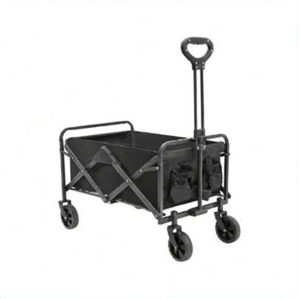 Camping Cart Collapsible Folding Wagon with 5 Inch Rubber Wheels, 176lb Heavy Duty Capacity, Large Storage Space, Adjustable Handle, Portable Beach Cart for Camping Gardening Shopping Outdoor Gear Transport, Black