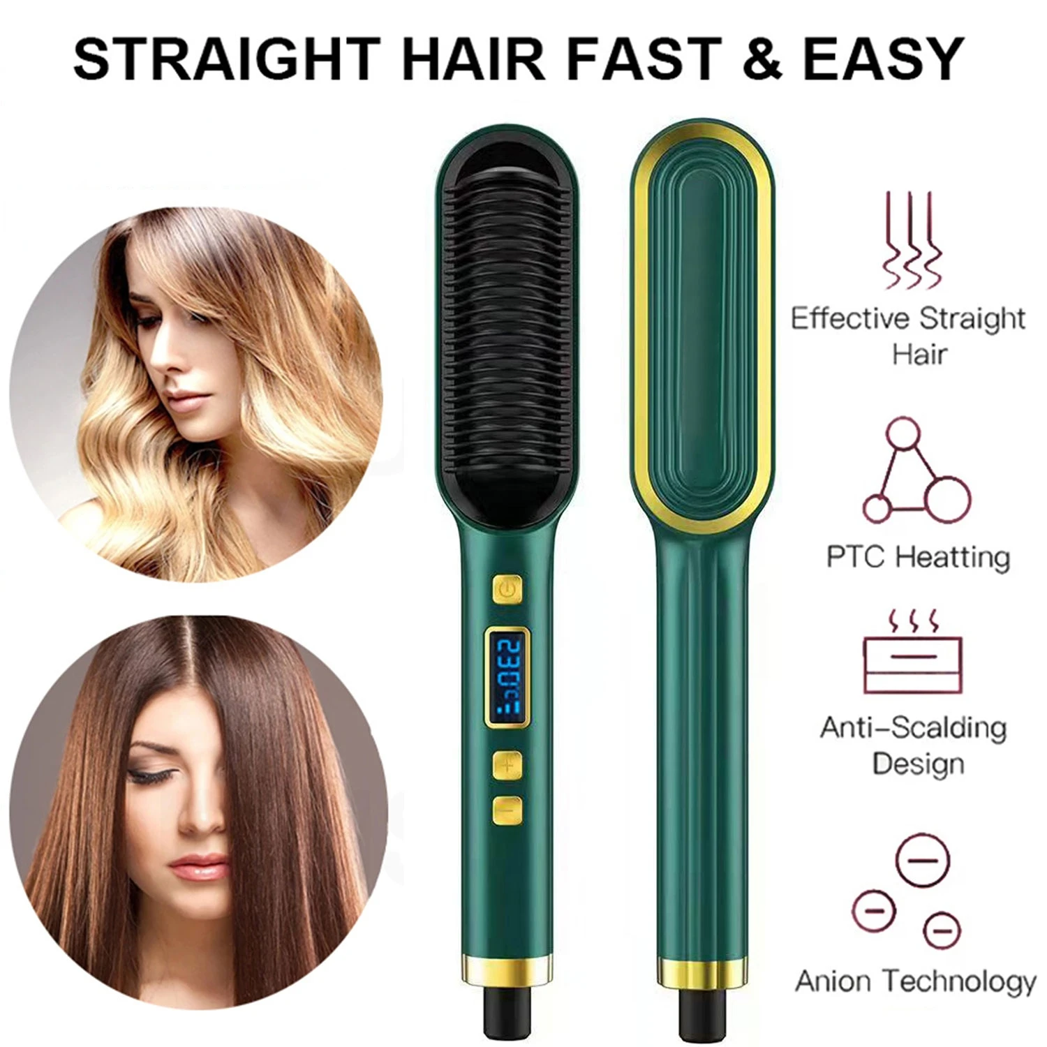 2-in-1 Hair Straightening Brush with LCD Display Negative Ion Smoothing Hot Comb for Curling And Straightening