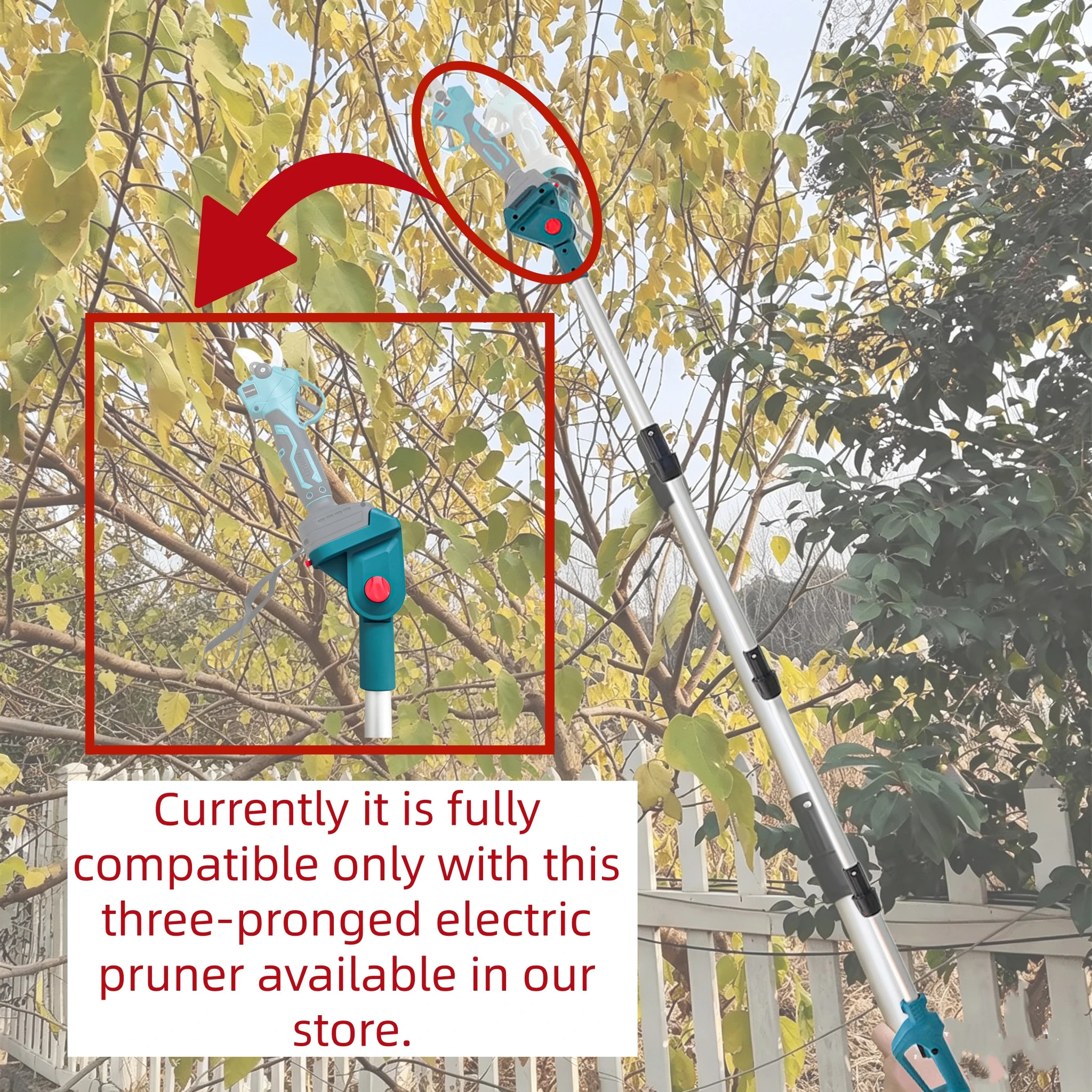 Kit d'extension de perche de taille-haie électrique à 3 broches, 4 sections, tête rotative, pour extérieur, compatible avec la cisaille de taille Patuopro