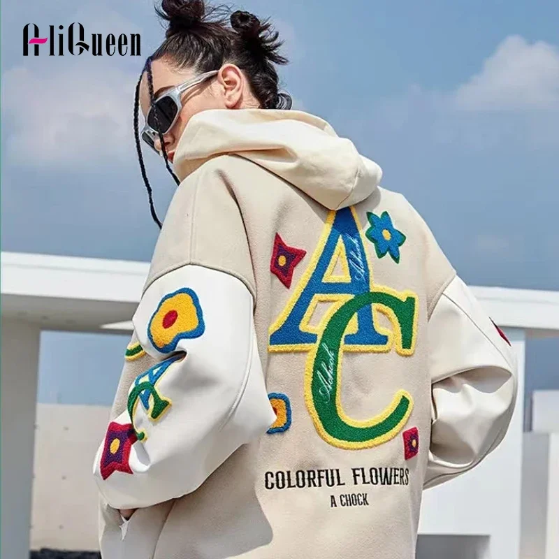 

Loose Flower Embroidered Flocking Jacket Women Streetwear Varsity Baseball Coat Men Moto Patchwork Hip Hop Bomber Jackets Autumn