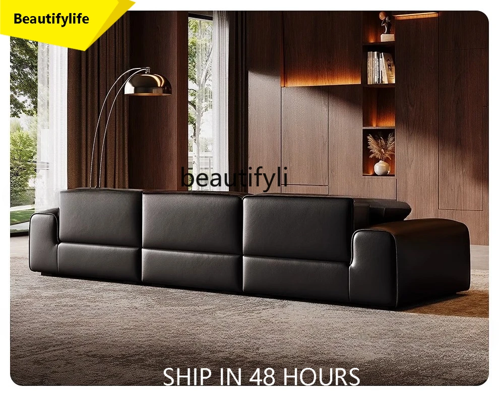

New, minimalist living room top layer cowhide black leather sofa