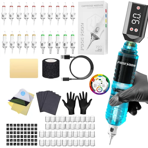 Imagen 2 del producto Kit de tatuaje POSEIDON V6, Kit de pluma de tatuaje para maquillaje permanente, Kit de máquina de tatuaje HM142, fuente de alimentación de tatuaje azul, Kit de tatuaje