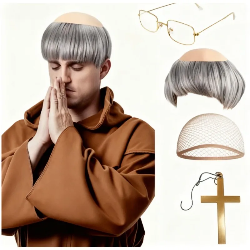 Monk Bald Wig with Braids | Jesus & Priest Costume Wig for Men | Brown and Silver Shaved Head Cap | Adult Halloween Role Play
