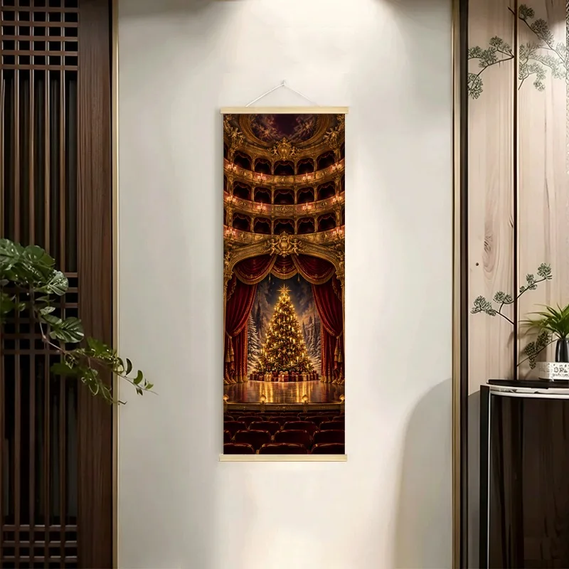 Grand Theater Hanging Scroll with Golden Balconies, Red Curtains and a Christmas Tree in a Dramatic Style for a Living Room