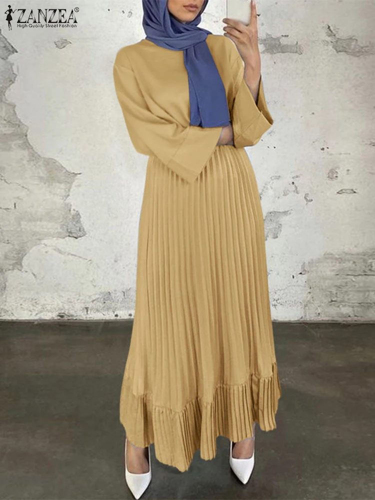 

ZANZEA Modest Fashion Woman Maxi Dresses Hijab O-Neck 3/4 Sleeve High Waisted Pleated Robes Femme Elegant Muslim Abaya Vestidos