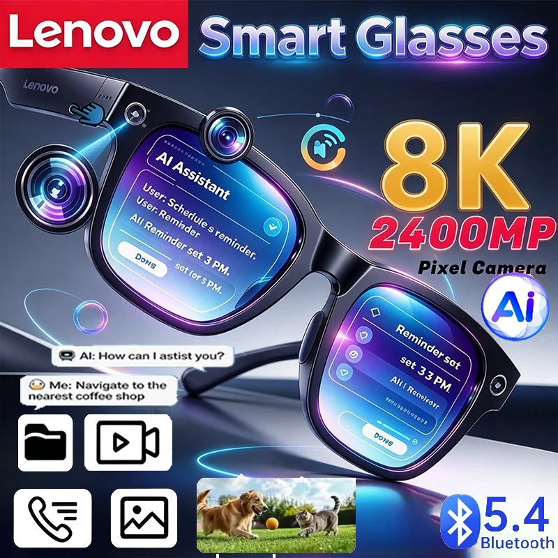 Lenovo Camera AI Voice Assistant Smart Glasses Bluetooth Touch Control Record Real‑Time Translator Hands‑Free Call Smart Eyewear