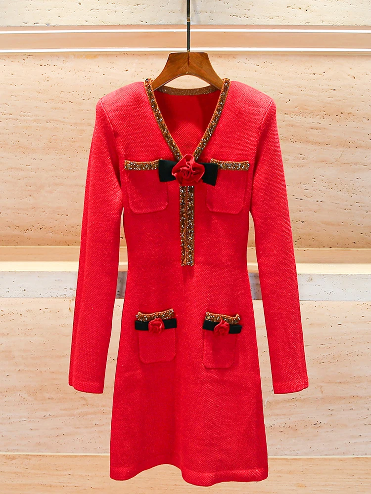 High-End Knitted V-Ne Red Dr with  Knot New Year Ele Lady Sle Polyester Fiber Midweight Long Sve ort...
