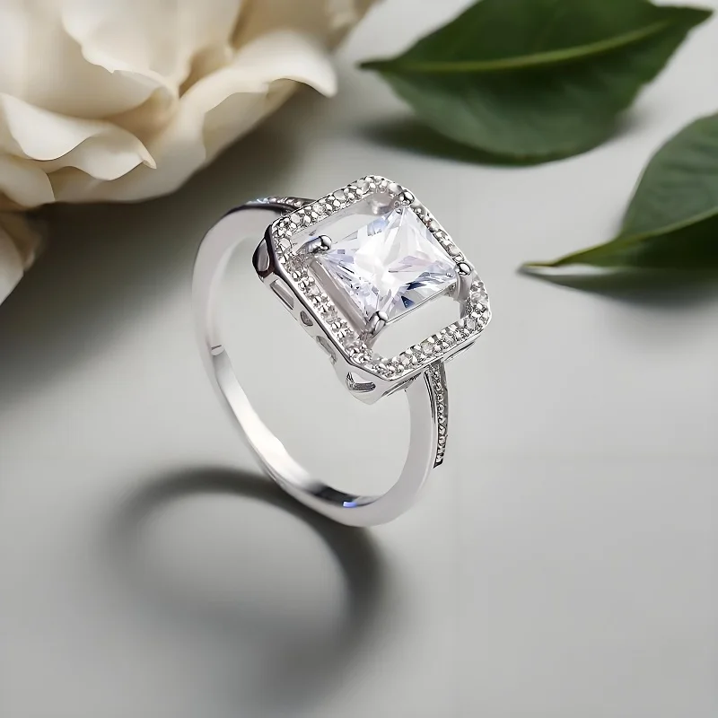 Genuine 925 Sterling Silver Geometric Square Cubic Zircon Crystal Rings for Women Girls Holiday Party Fashion Jewelry Gifts