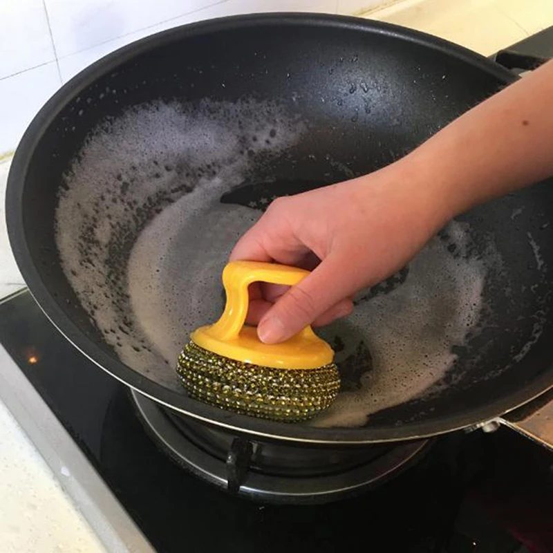 Escova de limpeza da cozinha punho longo cleaing escova de lavar louça do agregado familiar aço inoxidável fio bola cozinha ferramentas de limpeza