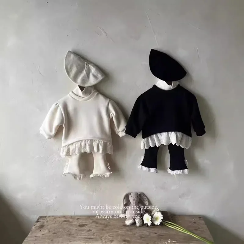 MILANCEL New Autumn Baby Cute Lace Hoodie Infant Fleece Lining Lace Patchwork Flared Pants