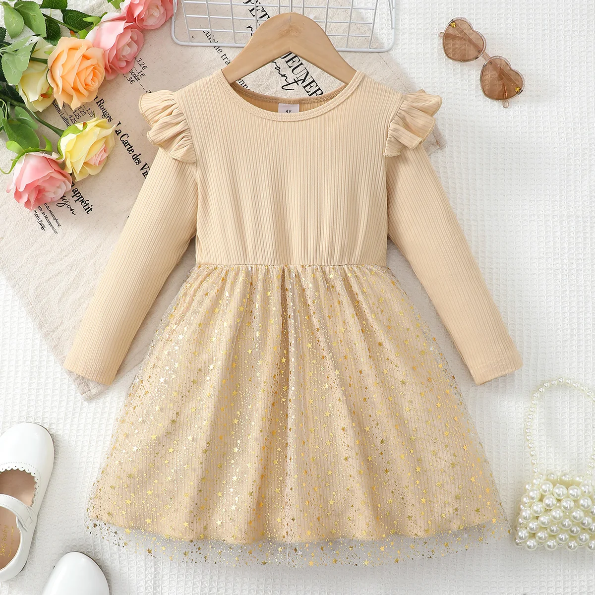 Girl Elegant Temperament Dress Solid Color Star Chiffon Fashiona Dress for 1-6 Year Old Girls Spring Autumn Party Dress