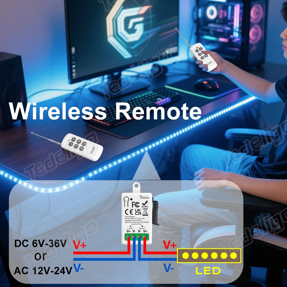 DC 6V 12V 24V 36V 433MHz Remote Control Wireless Switch 1CH Relay Receiver with 1000M Distance Transmitter for LED Lighting