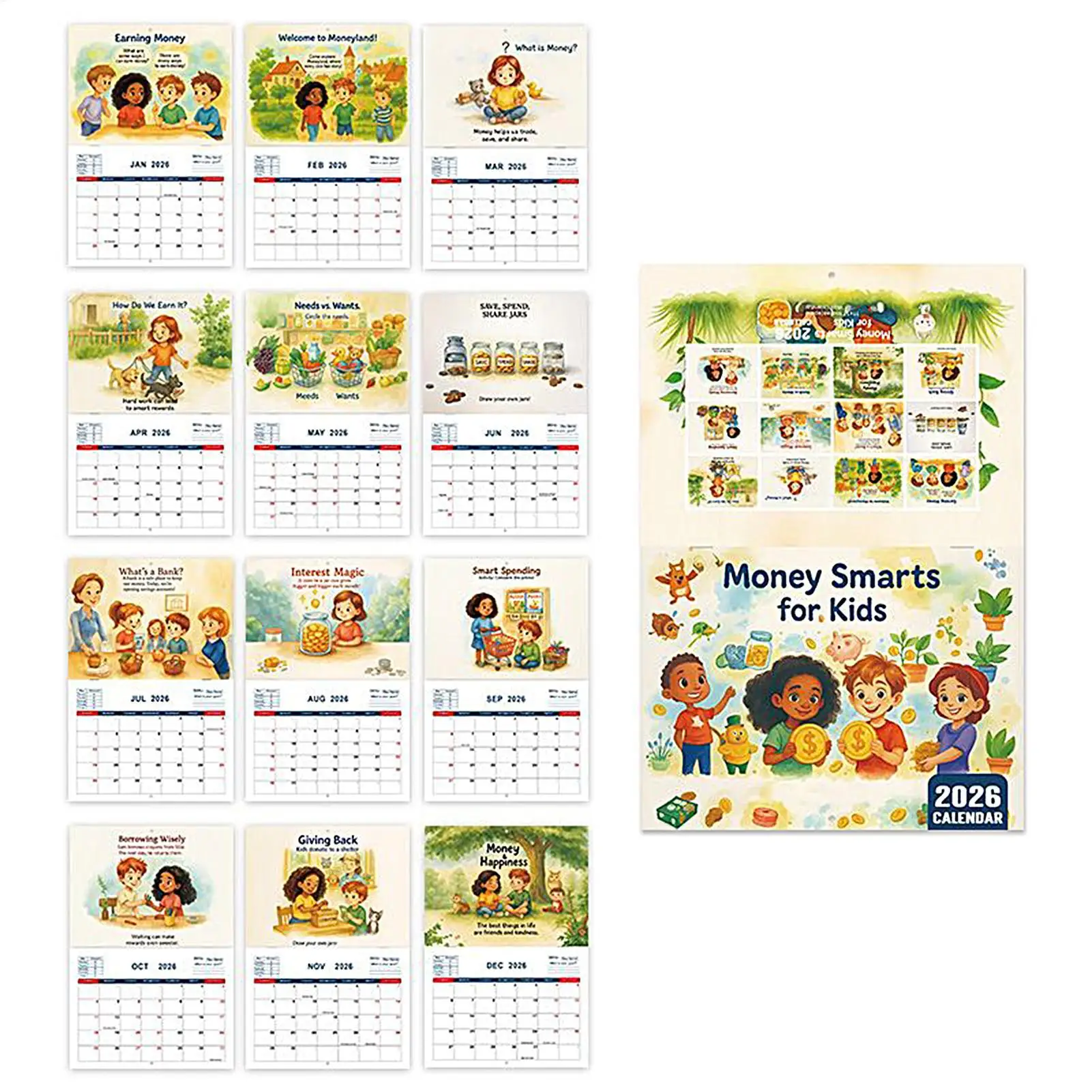 Calendario finanziario per bambini Calendario interattivo per l'apprendimento dei soldi per ragazzi e ragazze Jan dicembre 2026 Planner con colorato