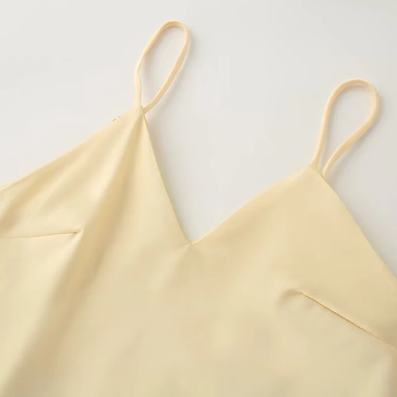 Damen-Slip-Kleid, gelb, Sommer 2022, Damen-Satin, V-Ausschnitt, Partykleider, elegant, sexy, locker, ärmellos, rückenfrei, Bankett, schickes Kleid