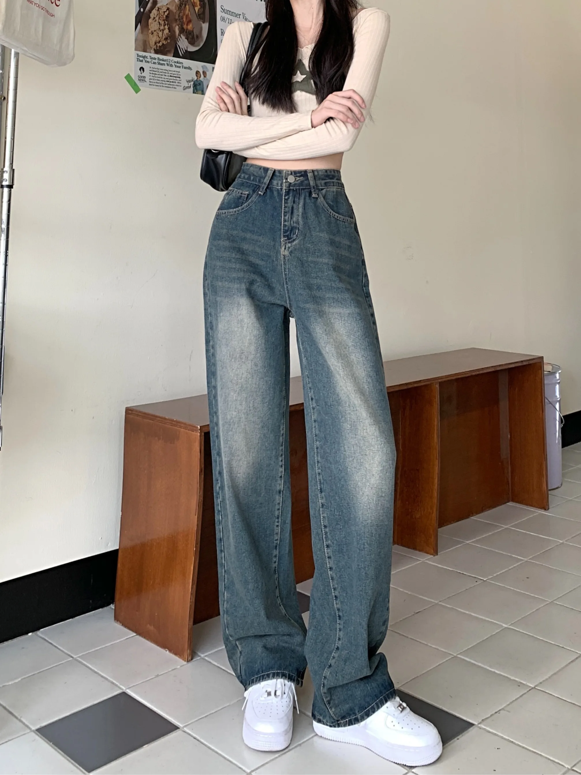 

Retro Blue Wide Leg Denim Jeans Women's Loose High Waist Straight Tube Floor-Length Pants Summer New Sle plus Size