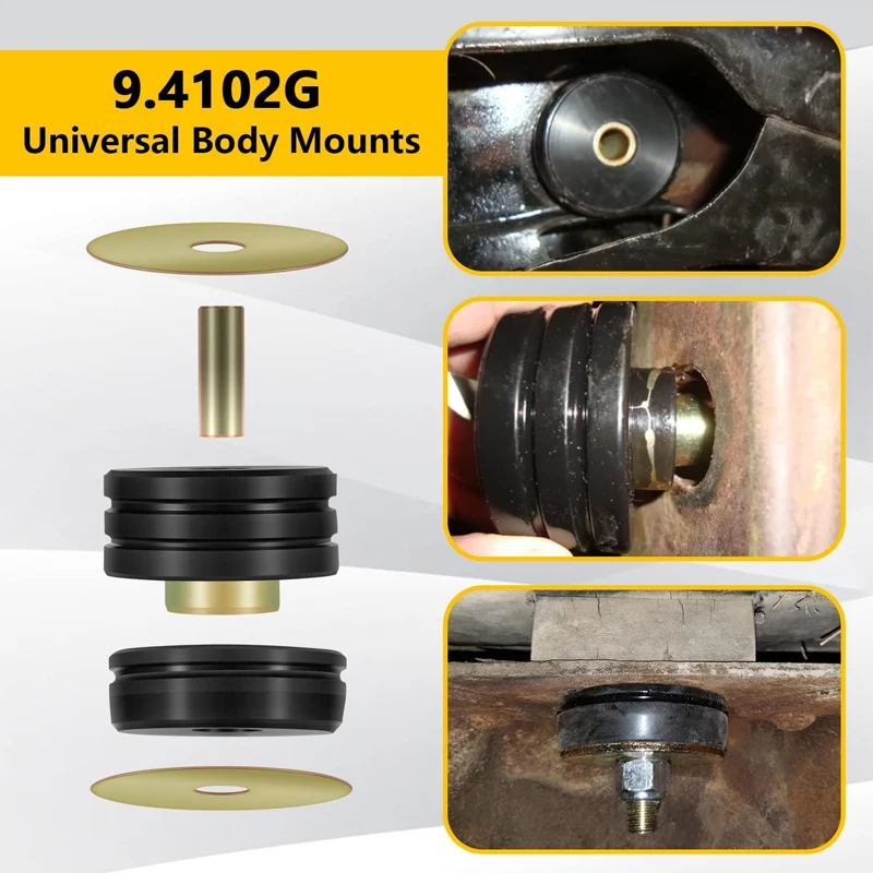 9.4102G Universal Polyurethane Body Mounts Bushings Isolators, Include 4 Plated Metal Washers, 2 Sleeves, 4 Body Mount Bushings