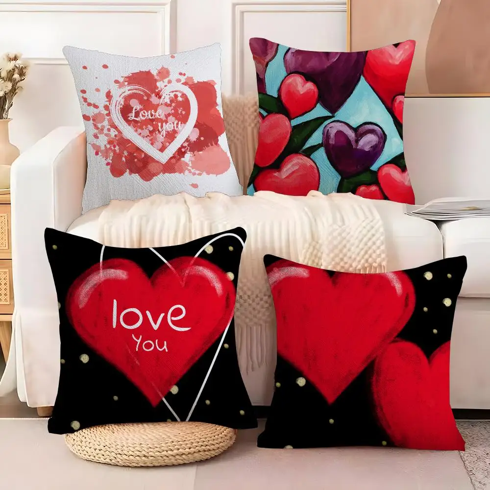 Romantic Red Heart Valentine Cushion Cover  Plush Fabric Soft Double Sided Print Sofa Cushion Cover Throw Pillow Covers
