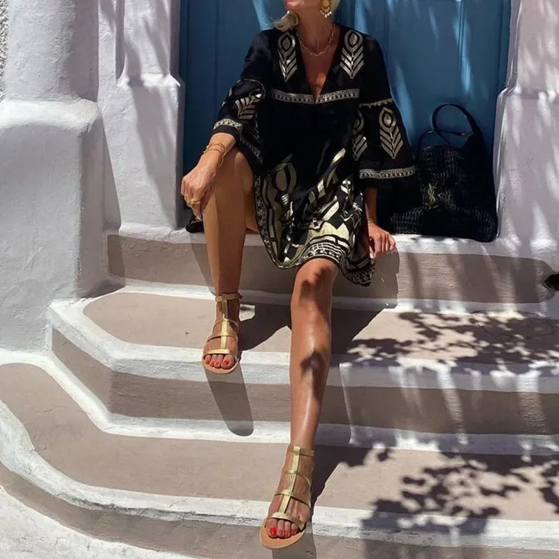 Robe courte trapèze à manches évasées pour femmes, mode vintage, col en V, noir, imprimé Vaction Boho, mini robe de plage, vêtements d'été