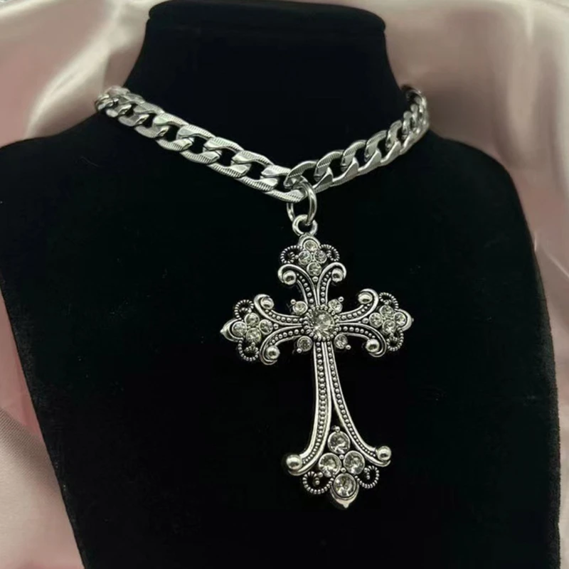 Vintage Baroque Christian Cross Necklace For Women Man Silver Color With Crystals Gothic Crucifix Symbol Unisex Jewelry